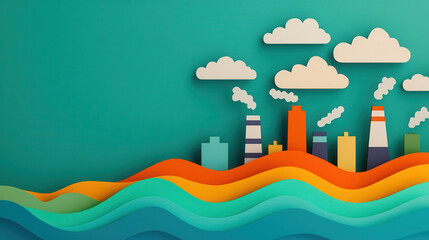 Naklejka premium Colorful city skyline with factories and clouds on teal background