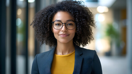 A confident and smiling woman in her late thirties, wearing glasses with dark curly hair
