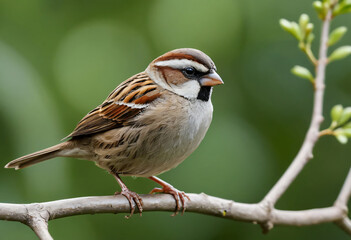 Sparrow on a tree branch with green background