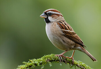 Sparrow on a tree branch with green background