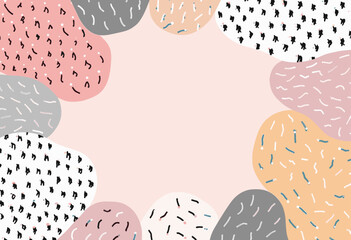 various shapes and colors, including pink, orange, gray, black, white, and dotted areas, arranged in a circular frame.