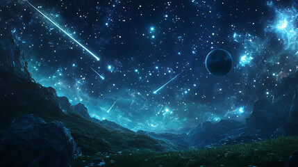 Green space for fantasy game. Galaxy cartoon sky with planet. Outer universe at night with star vector background. Futuristic cosmic landscape of fiction magic world. Astronomy graphic with comet