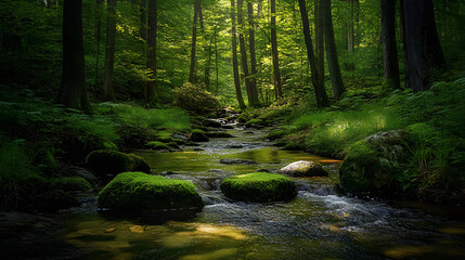 Obraz premium Serenity in Nature: A Quiet Moment by the Stream Beneath a Sunlit Forest Canopy