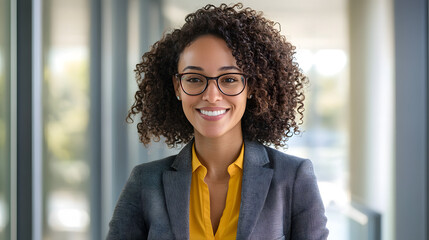 A confident and smiling woman in her late thirties, wearing glasses with dark curly hair
