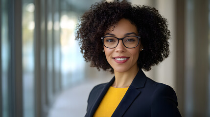 A confident and smiling woman in her late thirties, wearing glasses with dark curly hair

