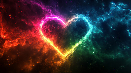 A heart is shown in a colorful space with a rainbow