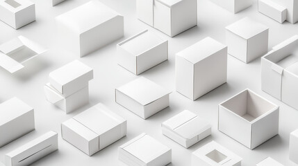 Fototapeta premium Realistic set of white cardboard boxes isolated on background. Vector 3D illustration of blank packages open and closed, empty inside. Top view collection of rectangle parcels for delivery or moving