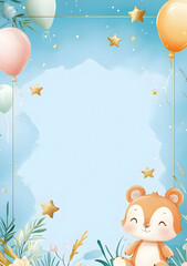 A cute bear character surrounded by balloons and stars, perfect for a celebration.