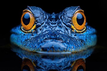 Close-up of a blue crocodile's head with bright orange eyes, partially submerged in dark water, reflecting its image.