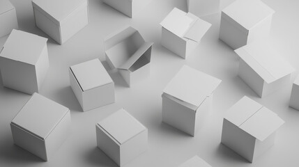 Fototapeta premium Realistic set of white cardboard boxes isolated on background. Vector 3D illustration of blank packages open and closed, empty inside. Top view collection of rectangle parcels for delivery or moving