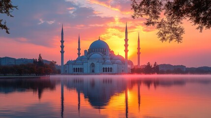 Naklejka premium Mosque Sunrise Reflection on Lake