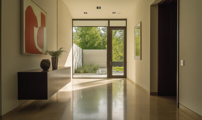 Fototapeta premium Modern entryway showcasing polished stone floors and sleek contemporary design with sophisticated architectural elements elegance
