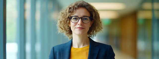 A confident and smiling woman in her late thirties, wearing glasses with dark curly hair
