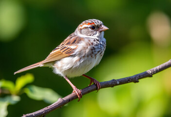 Sparrow on a tree branch with green background