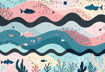 A vibrant underwater scene features a variety of fish, including a blue one, swimming amidst coral, plants, and a pink and blue wave pattern.