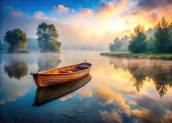Introspective photography: a solitary boat, aged by time, floats in foggy river stillness.