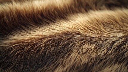 Fototapeta premium A macro close-up of fur material transitioning from earthy walnut brown to soft taupe, visible fine strands arranged in rippling folds, natural lighting enhancing the ombre effect, hd quality,