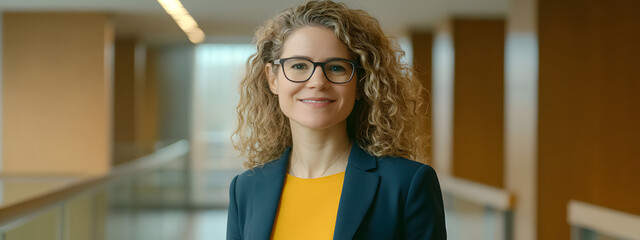 A confident and smiling woman in her late thirties, wearing glasses with dark curly hair
