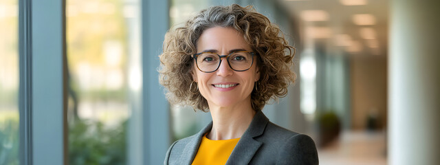 A confident and smiling woman in her late thirties, wearing glasses with dark curly hair

