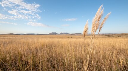 Obraz premium Golden Grassland Sunset, Mountains, Nature, Serenity, Peaceful Landscape