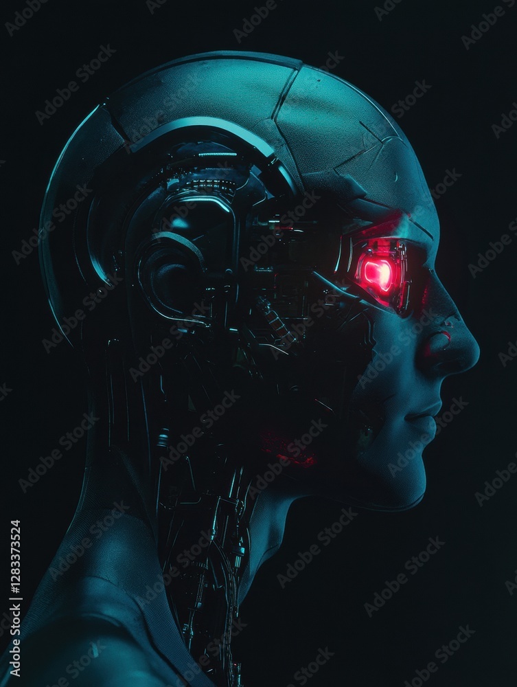 Fototapete profile view of a futuristic human head featuring mechanical structures and a glowing robotic eye. g