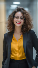 A confident and smiling woman in her late thirties, wearing glasses with dark curly hair
