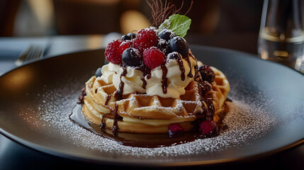 A delicious plate of waffles topped with berries, whipped cream, and chocolate sauce.