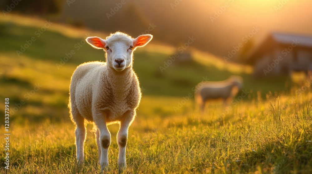 Aufkleber Cute lamb standing in a green meadow during sunset with another sheep in the background. Generative AI