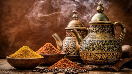 Vintage Spice Containers with Spices and Steam on Wooden Surface