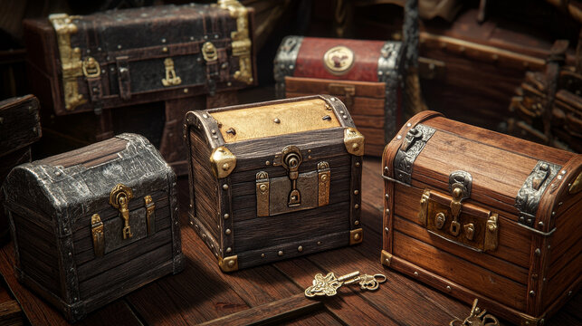 Game reward rare treasure chests and keys evolution, wooden, iron, silver and gold trophy trunks and skeleton keys, level bonus, pirate loot, fantasy assets elements, Cartoon vector illustration, set