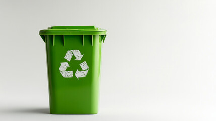 A green trash can with a white recycling symbol on it