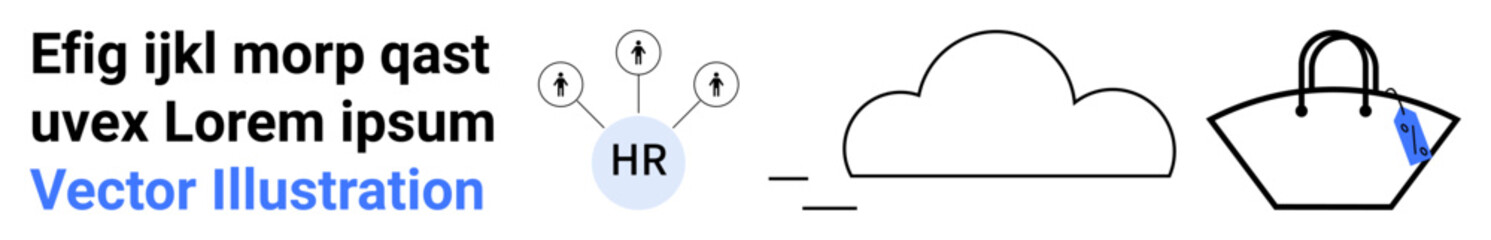 Circular HR network nodes, cloud element, shopping bag with tag. Ideal for networking, cloud services, e-commerce, technology, business strategy, teamwork flat landing page banner