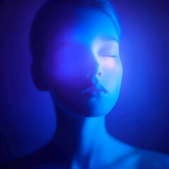 Fototapeta premium A serene expression evokes calmness through blue lighting.