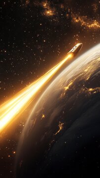 A futuristic spaceship soars away from Earth into the vast cosmos