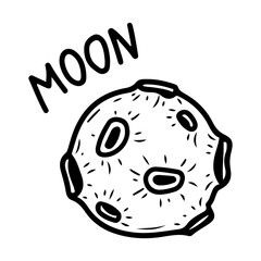 Moon with craters. Hand drawn doodle. Earth satellite. Space object. Moonstone. Universe. Celestial body. Astronomy. Meteorite. Vector line art illustration.