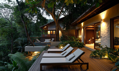 Relaxing outdoor terrace featuring a wooden deck, comfortable seating, and serene surroundings for tranquil leisure