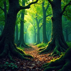 Dense, dark forest with twisted tree branches and roots, forest, wilderness, shadows