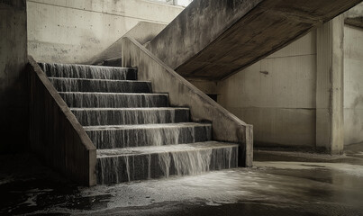 Striking concrete staircase emerging in abandoned warehouse space with raw industrial urban appeal and mystery