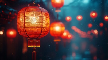 Festive Lanterns Illuminating a Rainy Night During Chinese New Year