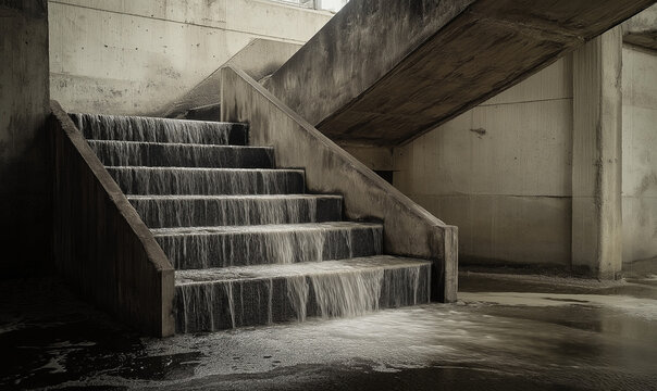 Striking concrete staircase emerging in abandoned warehouse space with raw industrial urban appeal and mystery