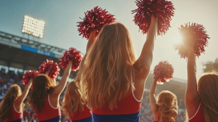 College stadium with a group of cheerleaders performing a routine. Featuring energy and excitement