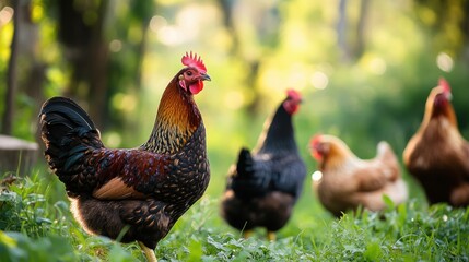 Fototapeta premium Colorful free range hens roaming in a vibrant green garden during the golden hour of late afternoon. Generative AI