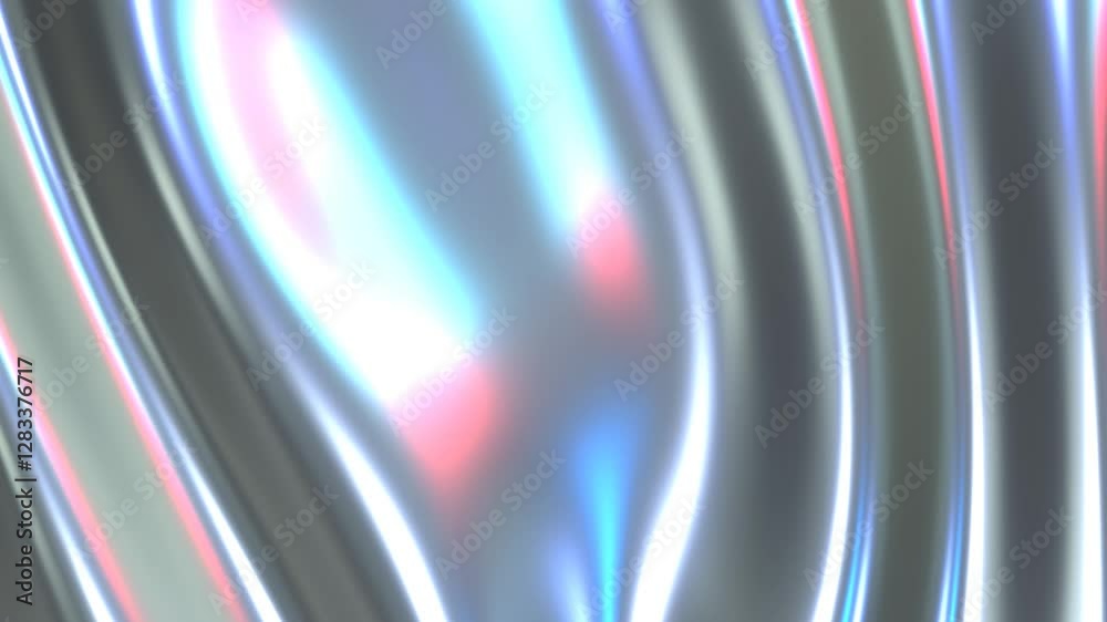 Poster silver 3d abstract graphics background animation, silver material, bright moving waves shiny and glo