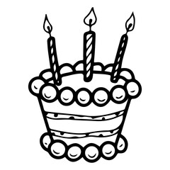 Birthday cake with candles. Hand drawn doodle. Festive sweet dessert. Pastry with cream. Bakery. Confectionery. Delicious holiday food. Vector line art illustration.