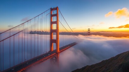 Obraz premium Golden Gate Bridge sunrise, fog, city skyline.