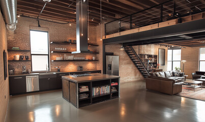 Urban industrial loft featuring exposed brick walls and sleek steel structures with contemporary design energy