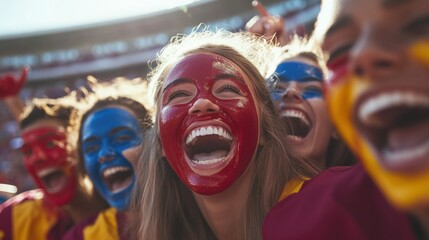 College stadium with a group of fans painted in school colors. Featuring dedication and school pride