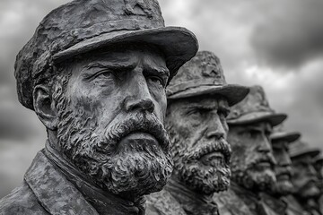 Fototapeta premium War leaders statues, solemn row, cloudy sky backdrop