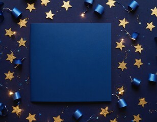 A flat lay of a blank navy blue scrapbook surrounded by golden stars and festive blue ribbons.