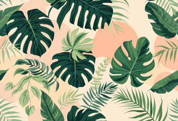 a variety of tropical leaves in shades of green, including palm leaves, ferns, and other foliage, arranged in a visually appealing and harmonious manner.